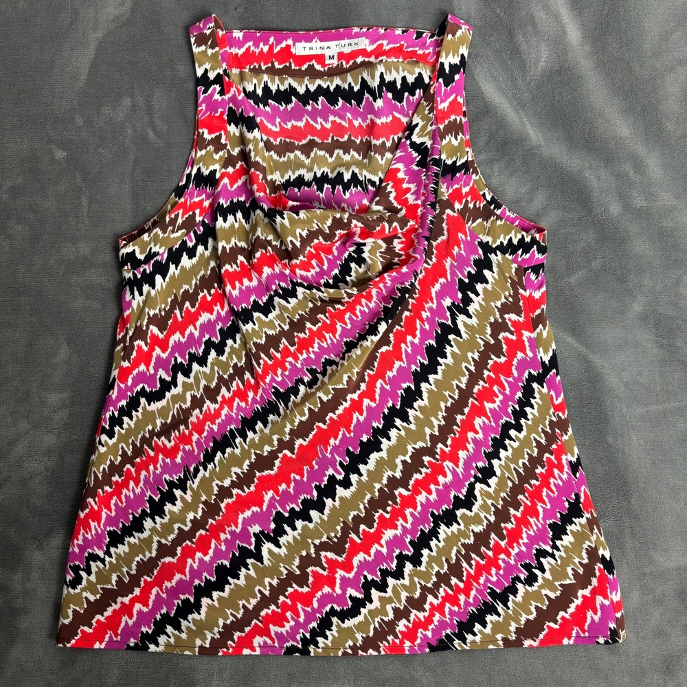 Trina Turk Womens Medium Multicolor Abstract Cowl Neck Sleeveless Top Maximalist